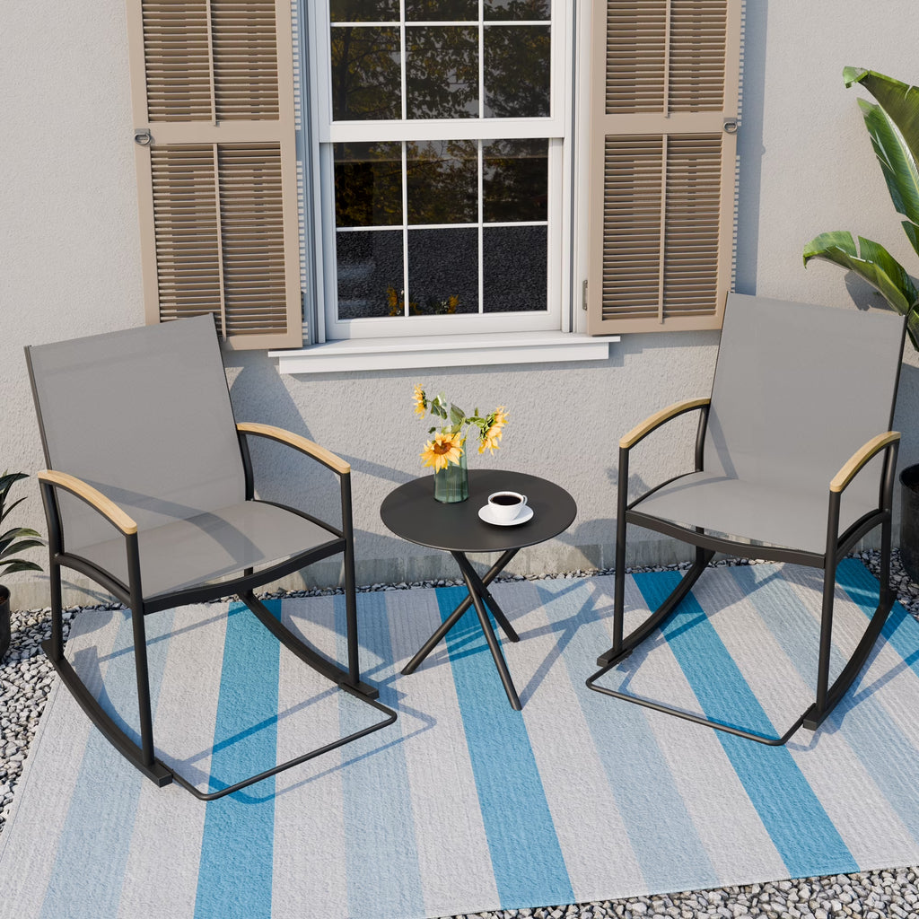 Outdoor Rocking Bistro Set 3 Piece Metal Patio Porch Furniture with 2 Patio Rocking Chairs 1 Patio Table,Light Gray