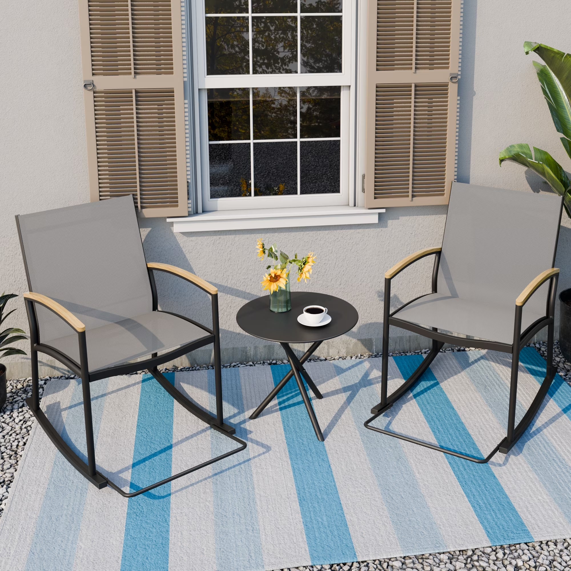 Outdoor Rocking Bistro Set 3 Piece Metal Patio Porch Furniture with 2 Patio Rocking Chairs 1 Patio Table,Light Gray