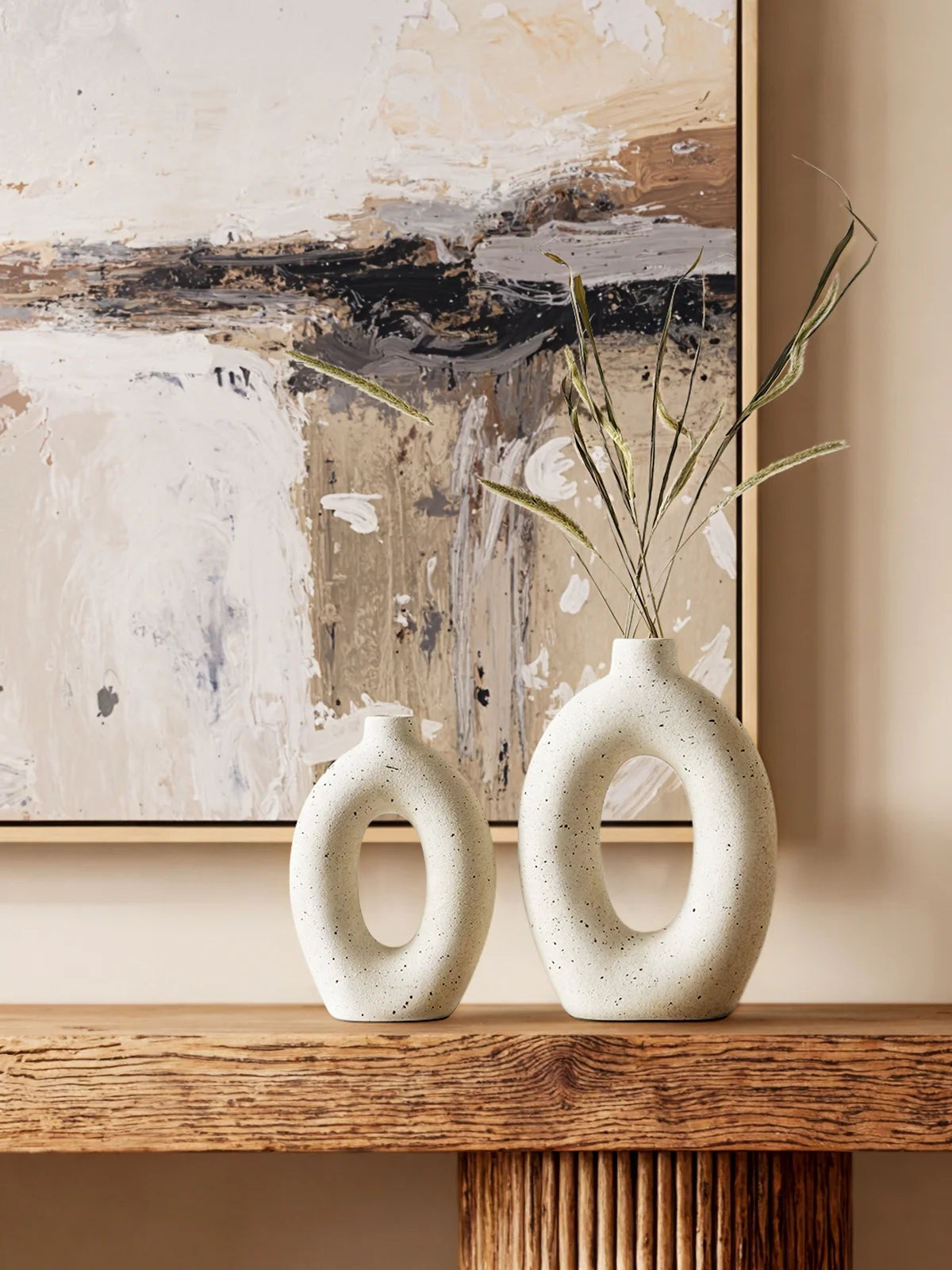 LE TAUCI 10.5" & 8.5" Ceramic Vases, Set of 2 White Ring Donut Vase, Modern Neutral Farmhouse Vase for Home Decor, Flower Vase for Table Centerpiece, Living Room, Shelf & Entryway