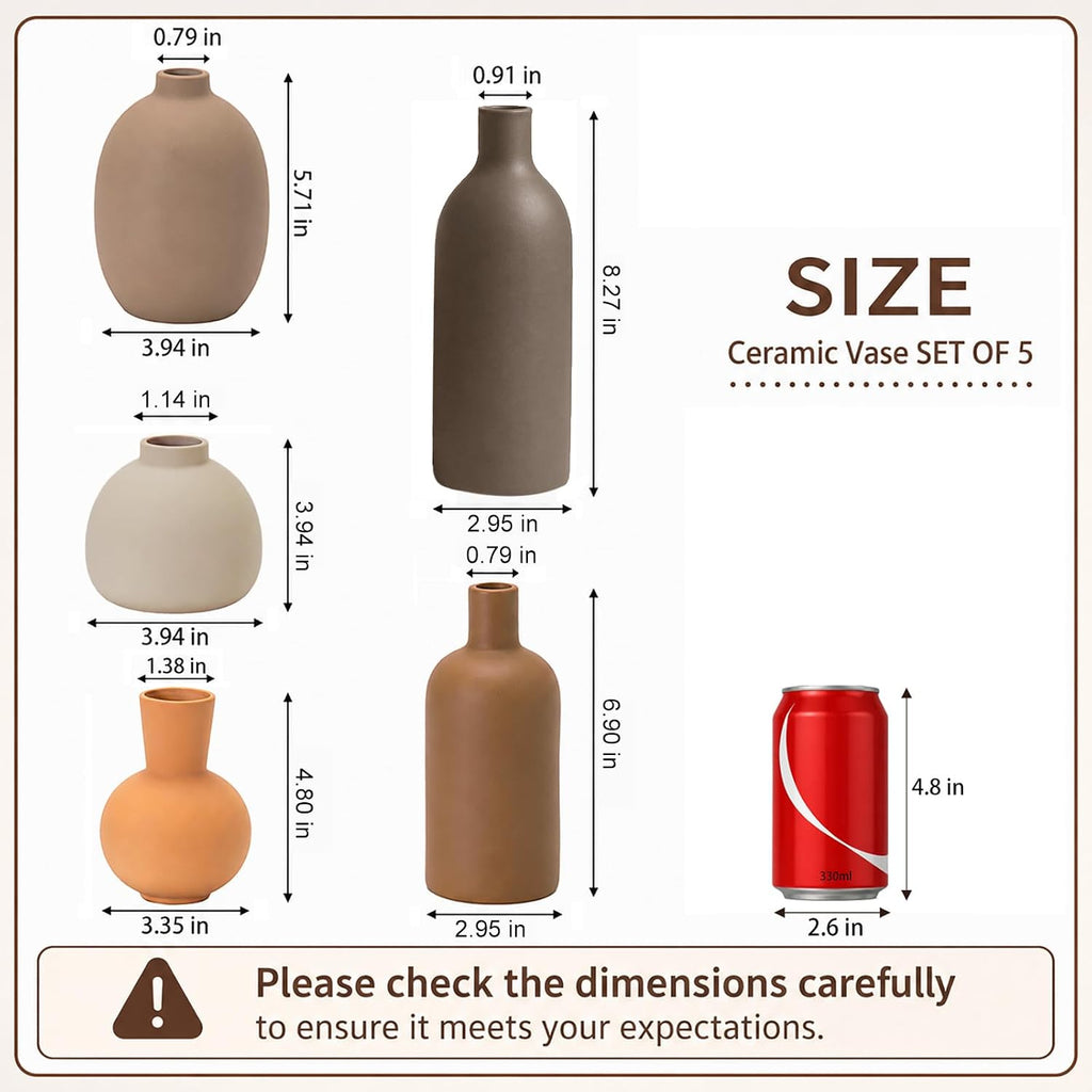 Neutral Ceramic Vase Set – 5 Matte Earth-Tone Vases for Japandi, Scandinavian, or Minimalist Home Decor, Table, Entryway, Shelf & Mantel Styling