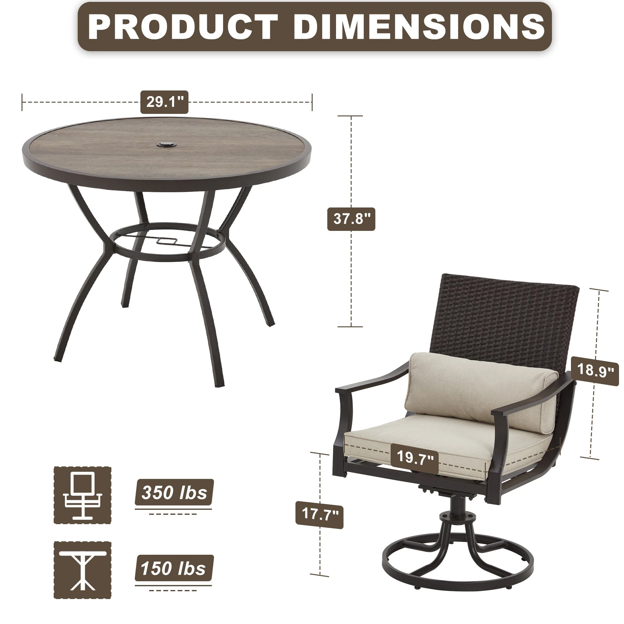 Outdoor Patio Dining Set with Swivel Chairs, Dining Table with Umbrella Hole, Metal Patio Furniture for Backyard Deck Patio