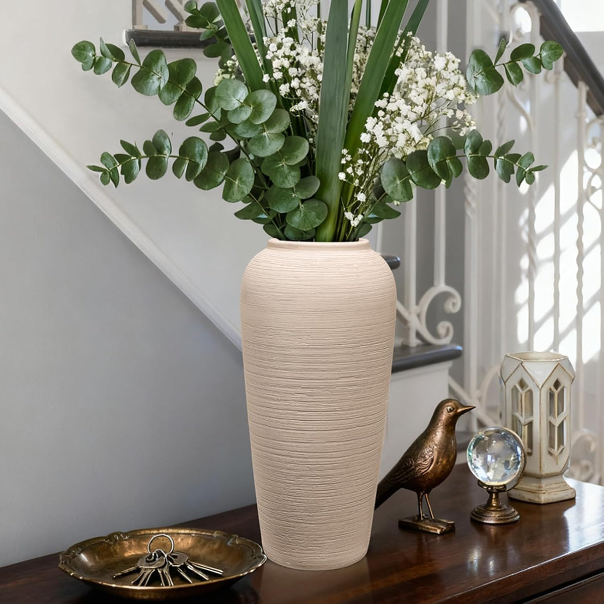 Tall Ceramic Vase 12 Inch Neutral Textured Vase,Cream Vase for Home Decor