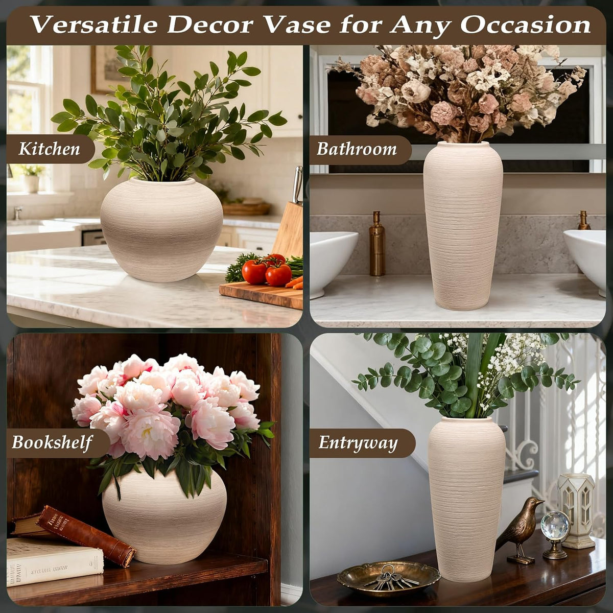 Tall Ceramic Vase 12 Inch Neutral Textured Vase,Cream Vase for Home Decor