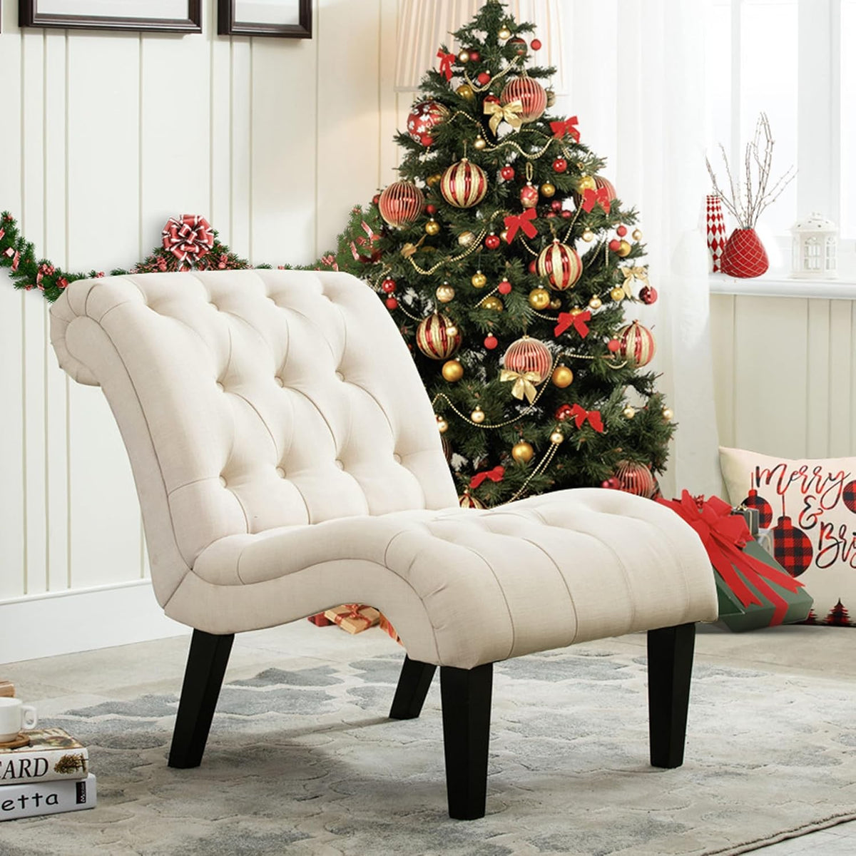 Ivory Tufted Linen Lounge Chair