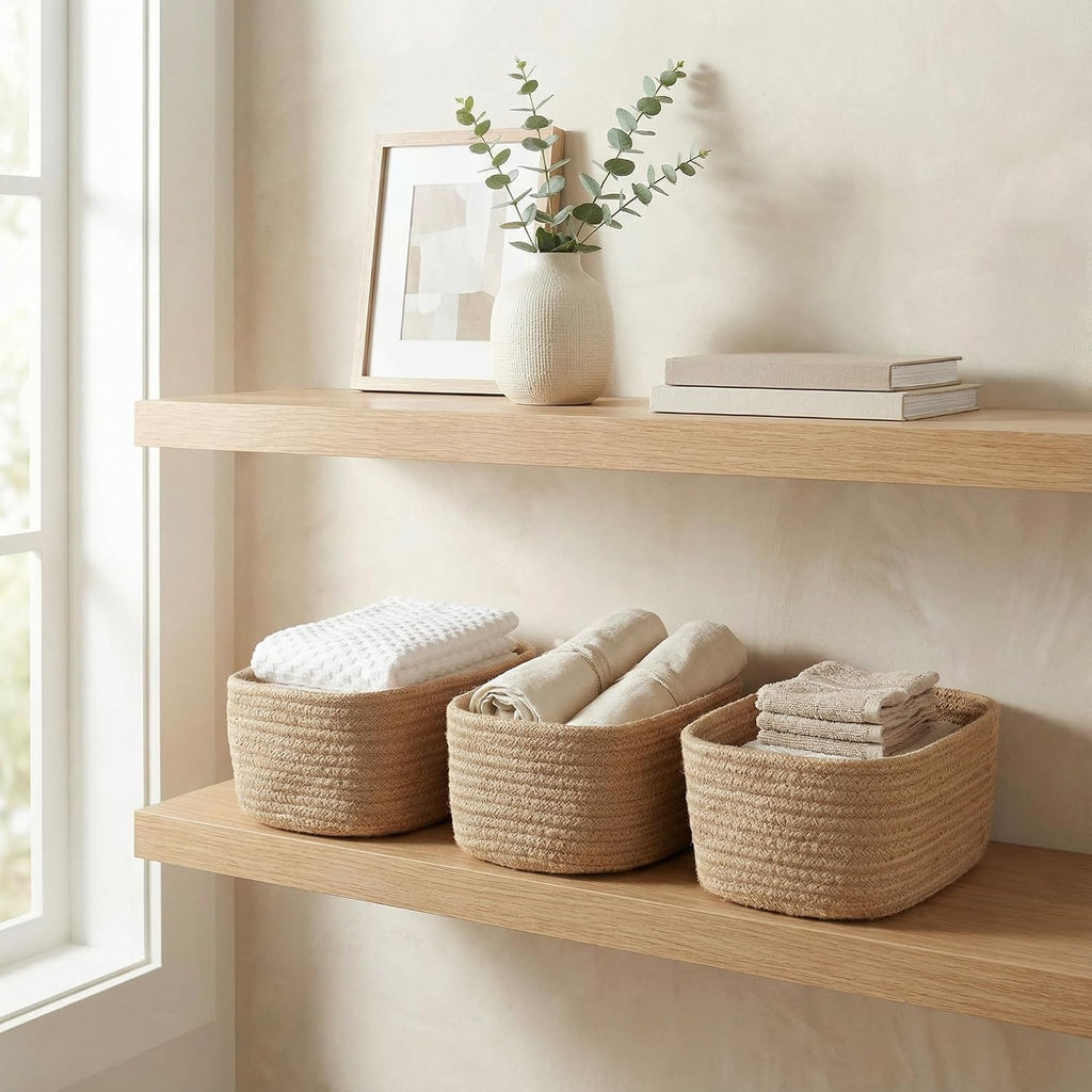 Beautiful Storage Basket Set of 3 - Sturdy Jute Rope Baskets for Shelves