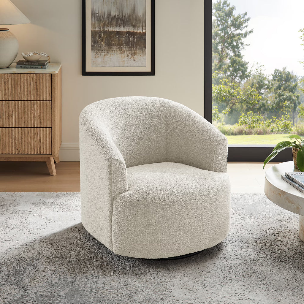 Cream Bouclé Swivel Barrel Chair