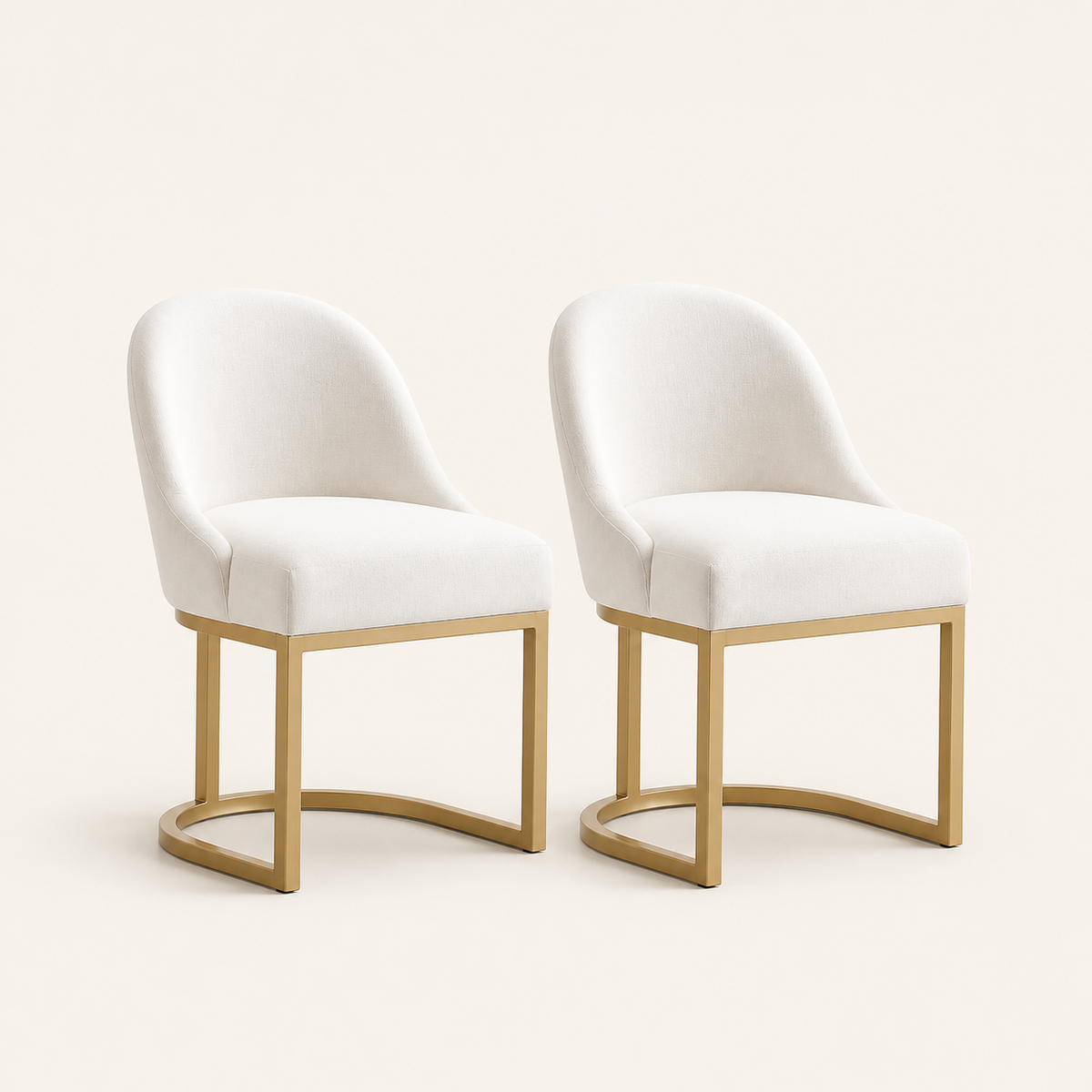 Set of 2 White Linen Barrel Dining Chairs with Gold Base