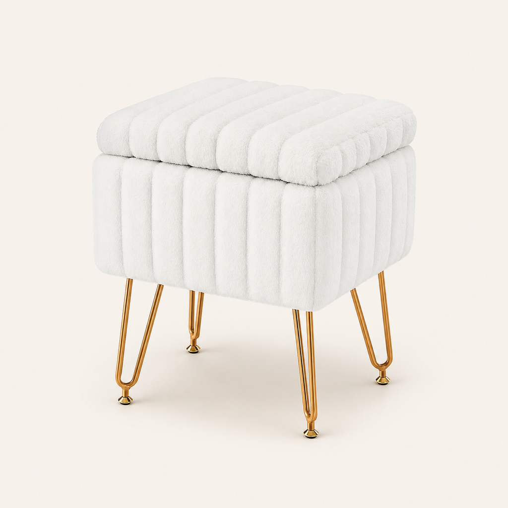 Faux Fur Vanity Stool with Storage and Adjustable Feet