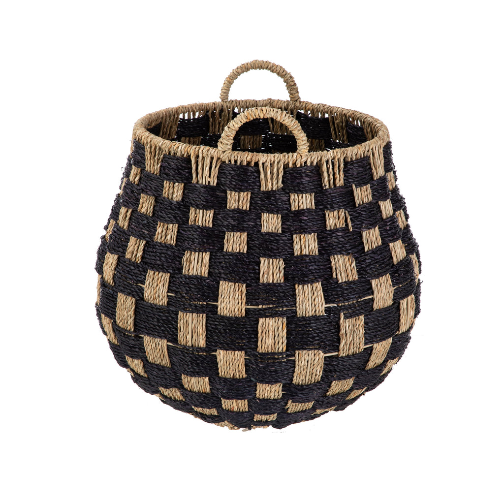 Large round Seagrass Storage Baskets with Handles, Checkered Black/Natural, 2 Pack