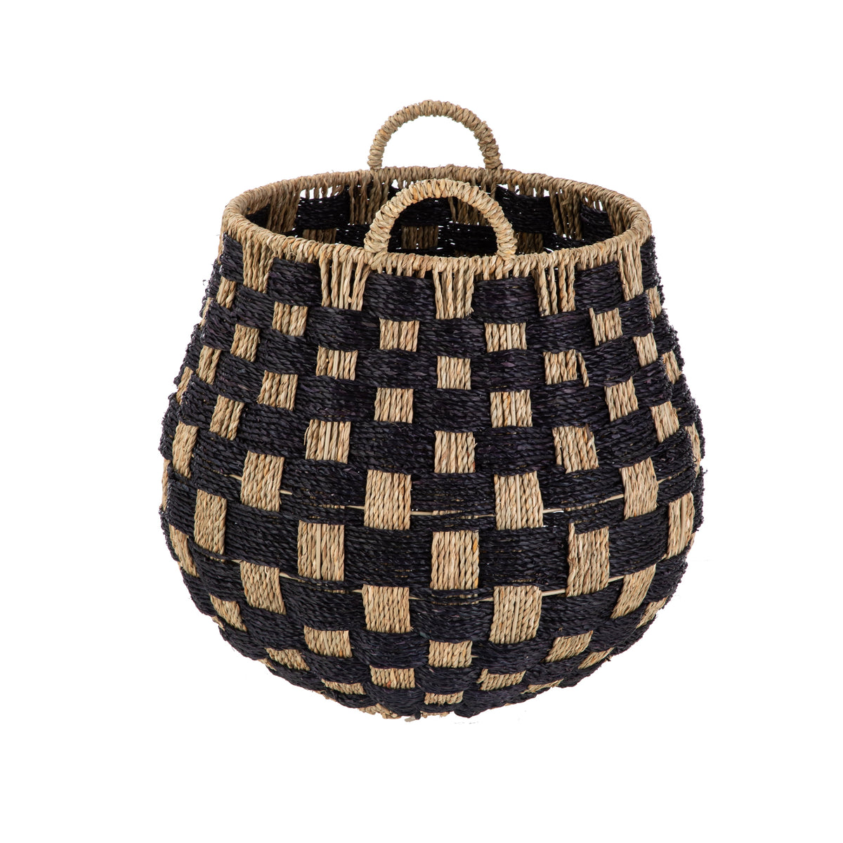 Large round Seagrass Storage Baskets with Handles, Checkered Black/Natural, 2 Pack