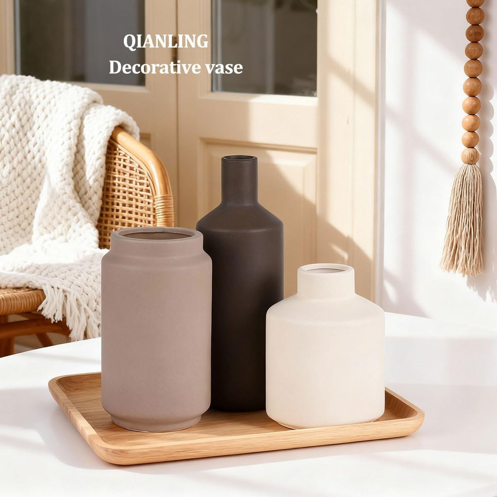 Ceramic Vase Set of 3 - Modern Neutral Vases Home Decor, Minimalism Decorative Vases, Boho Decor Small Flower Vase for Shelf, Dining Table Entryway Mantel Centerpiece Bookshelf Living Room Bathroom