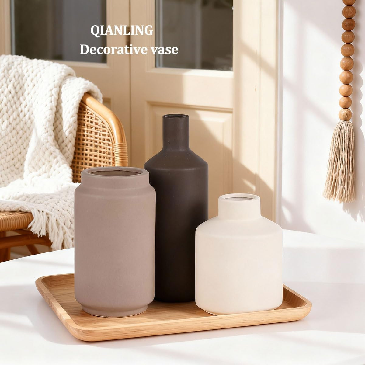 Ceramic Vase Set of 3 - Modern Neutral Vases Home Decor, Minimalism Decorative Vases, Boho Decor Small Flower Vase for Shelf, Dining Table Entryway Mantel Centerpiece Bookshelf Living Room Bathroom
