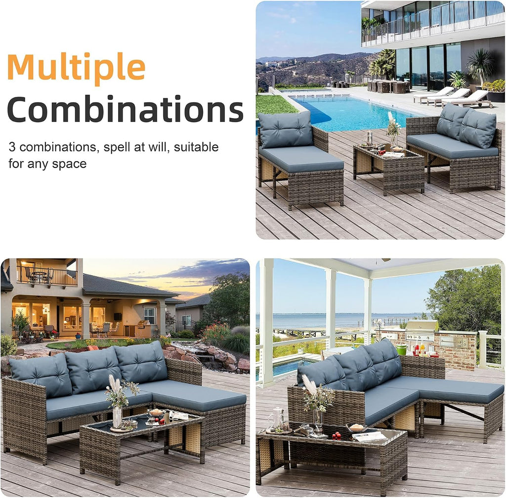 3 Pieces Outdoor Patio Furniture Sets, Wicker Patio Conversation Sets, All Weather Wicker Rattan Patio Seating Sofas with Glass Coffee Table and Cushion, Blue-Gray