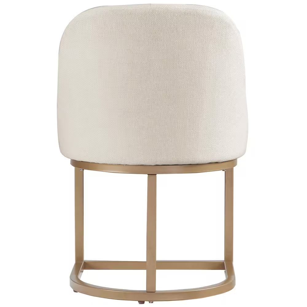 Set of 2 White Linen Barrel Dining Chairs with Gold Base