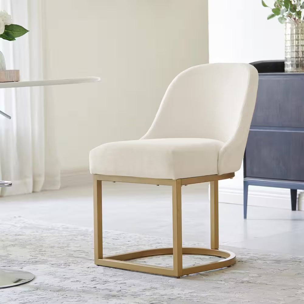 Set of 2 White Linen Barrel Dining Chairs with Gold Base