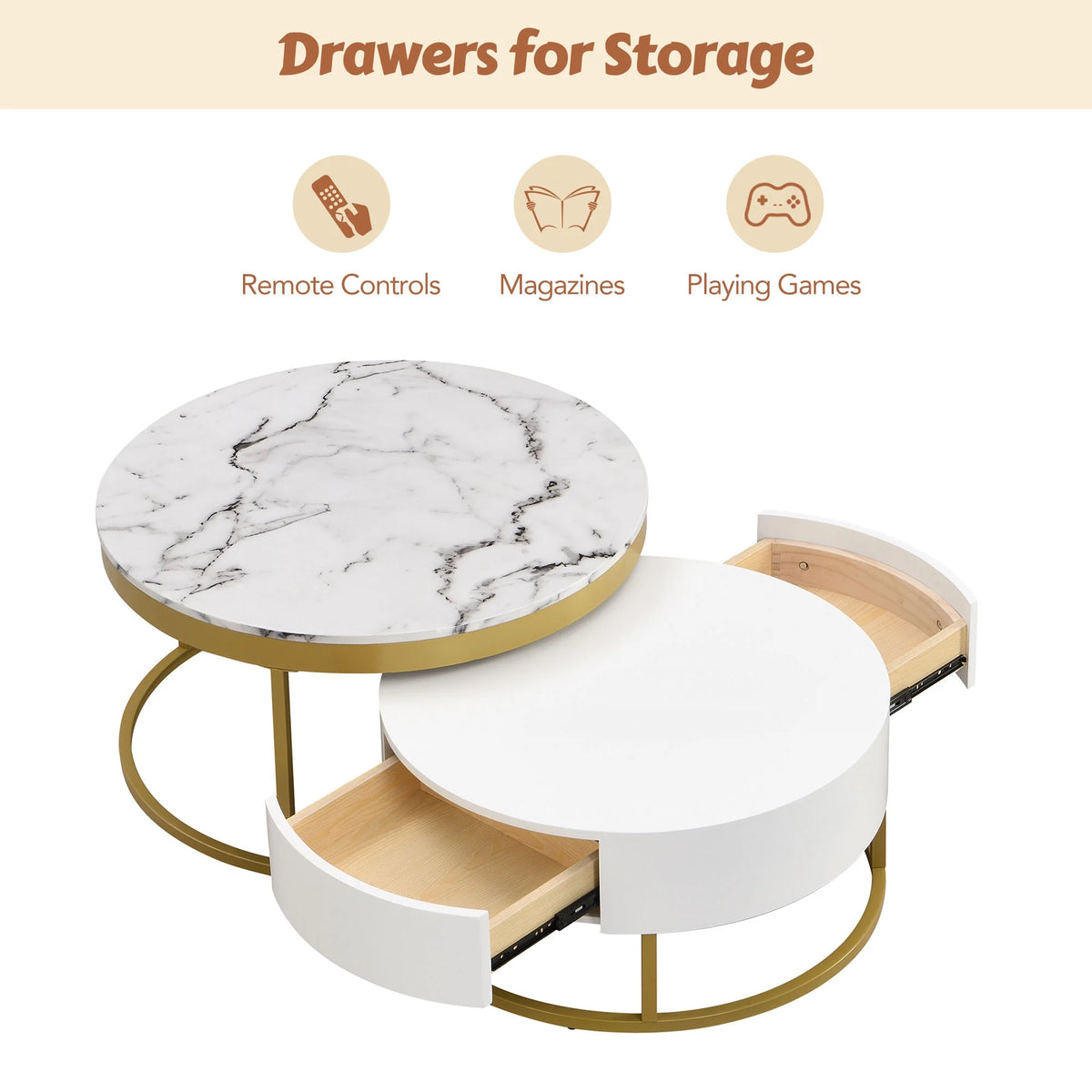 White & Gold Nesting Coffee Tables with Drawers, Set of 2