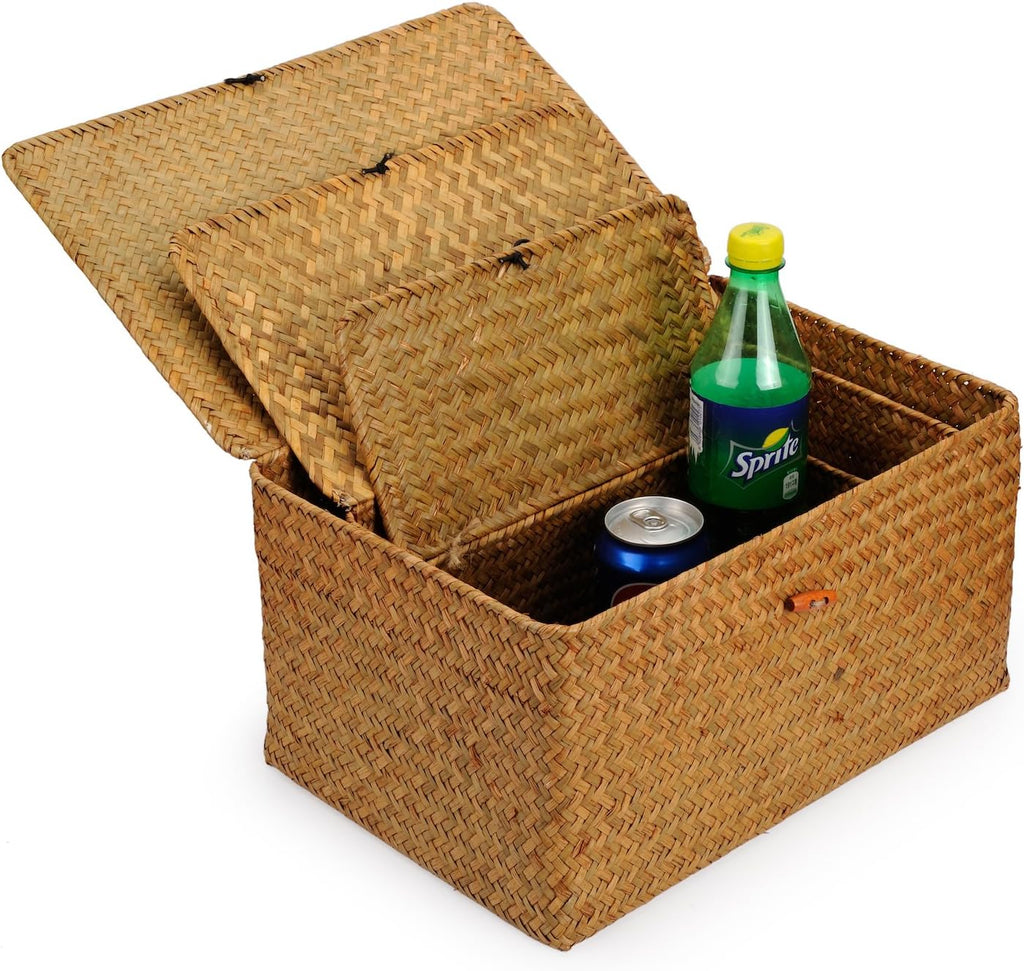 Woven Wicker Storage Bins with Lid, Seagrass Basket for Shelf Organizer, Extra Large, Set of 3