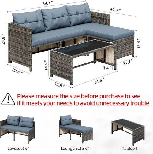 3 Pieces Outdoor Patio Furniture Sets, Wicker Patio Conversation Sets, All Weather Wicker Rattan Patio Seating Sofas with Glass Coffee Table and Cushion, Blue-Gray
