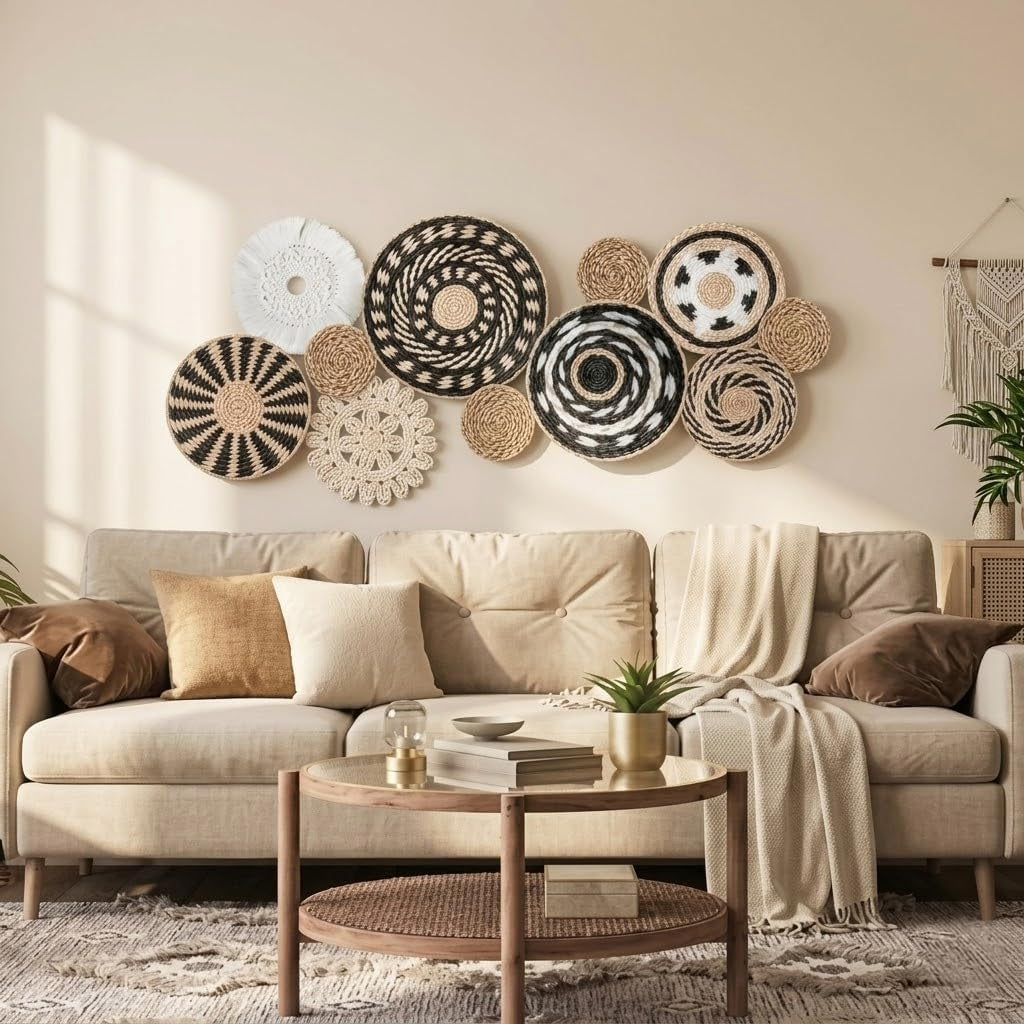 11-Piece (Retro) Boho Wall Basket Decor – Handmade Woven Wall Baskets, Bohemian Farmhouse Wall Art, Rustic Hanging Basket Set for Living Room, Bedroom & Kitchen Summer Decoration