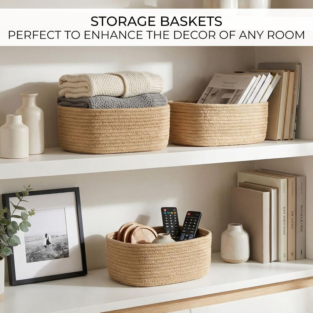 Beautiful Storage Basket Set of 3 - Sturdy Jute Rope Baskets for Shelves