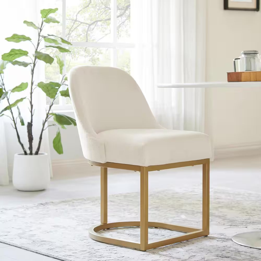 Set of 2 White Linen Barrel Dining Chairs with Gold Base