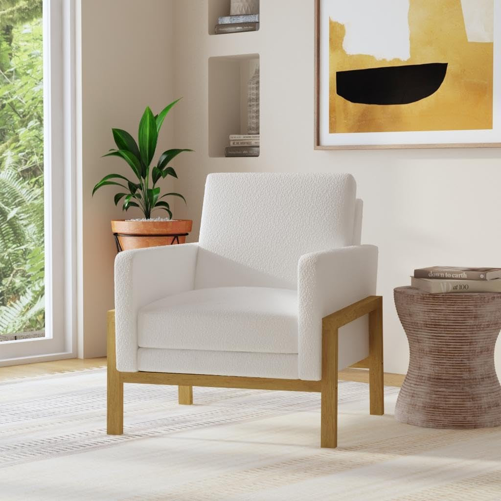Cream Bouclé Accent Chair with Natural Wood Frame