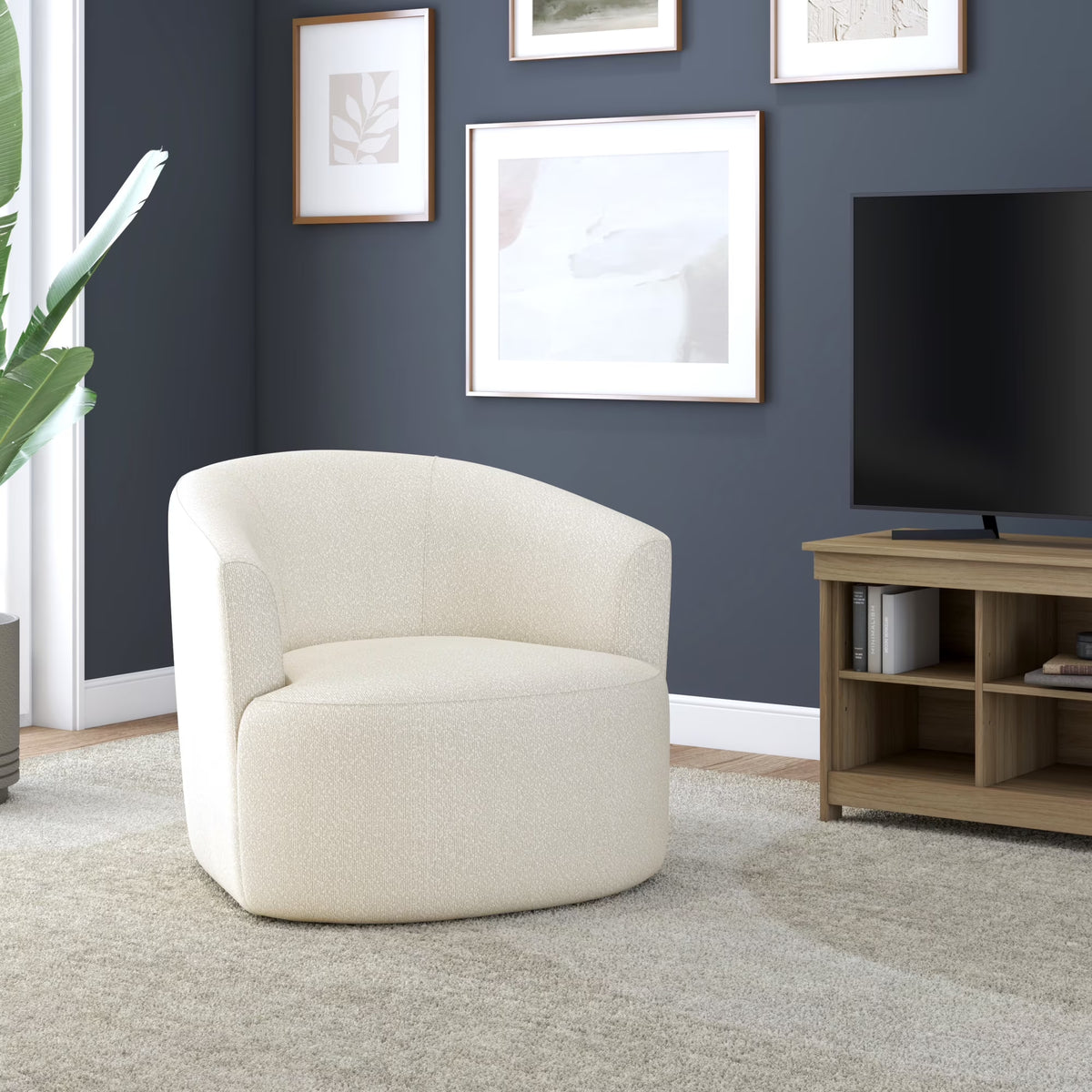 Cream Bouclé Swivel Barrel Chair
