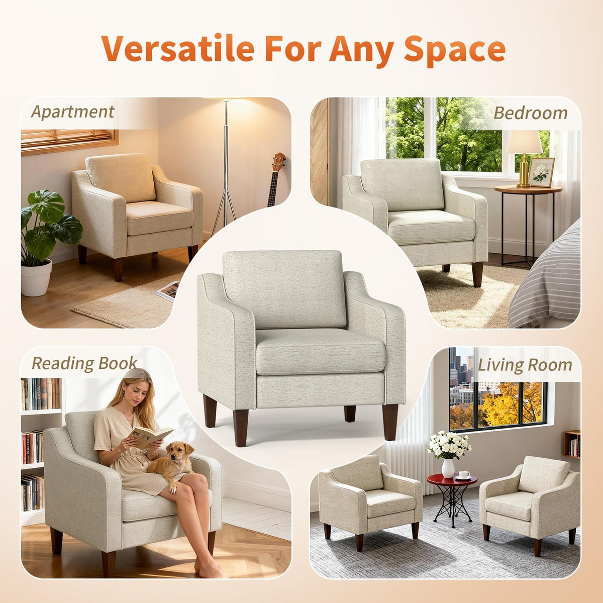 Beige Upholstered Accent Chair with Wood Legs