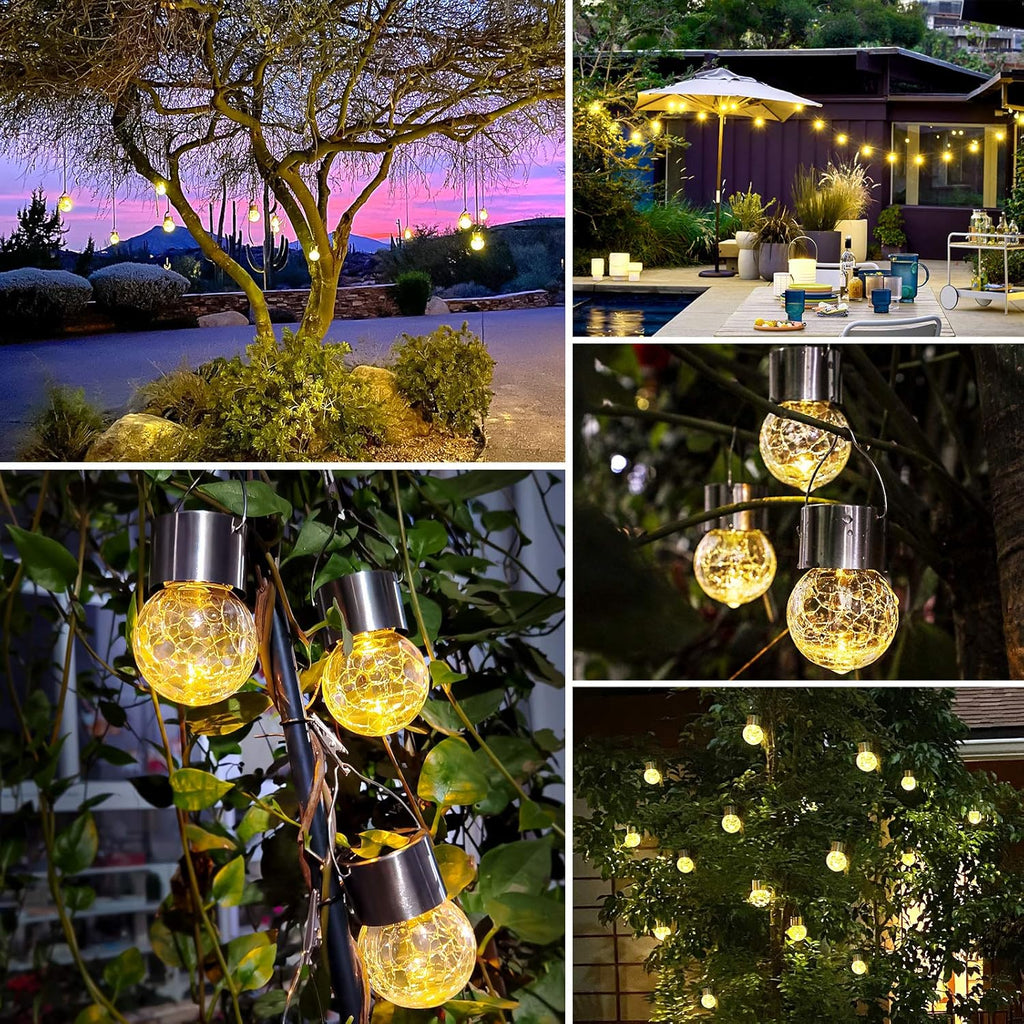12Pack Hanging Cracked Glass Solar Lights Outdoor Waterproof, Warm White | LED Ball Lights, Tree Solar Powered Globe Lights with Handle for Garden Yard Patio Fence Christmas Decoration