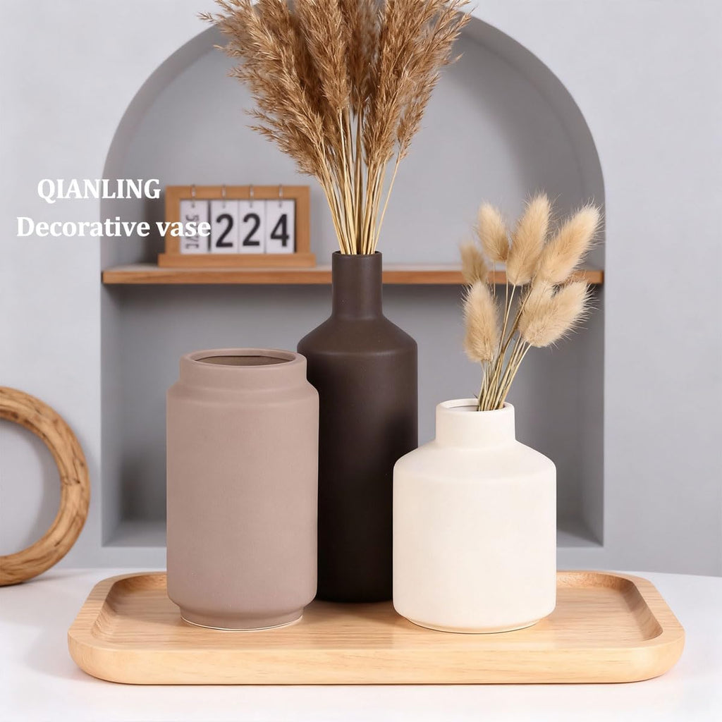 Ceramic Vase Set of 3 - Modern Neutral Vases Home Decor, Minimalism Decorative Vases, Boho Decor Small Flower Vase for Shelf, Dining Table Entryway Mantel Centerpiece Bookshelf Living Room Bathroom
