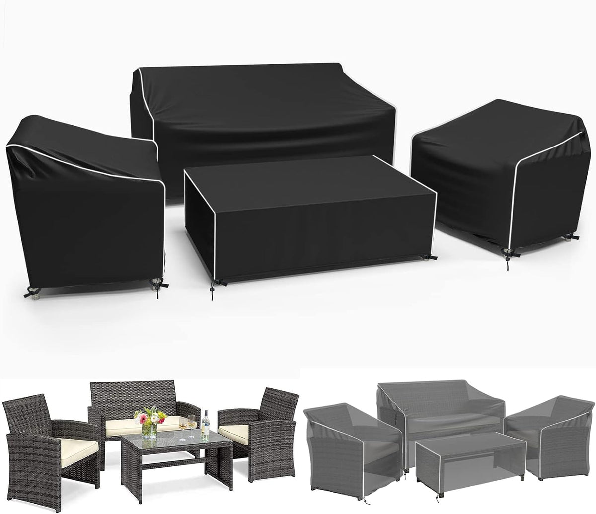 4-Piece 600D Waterproof Patio Furniture Cover Set, Black