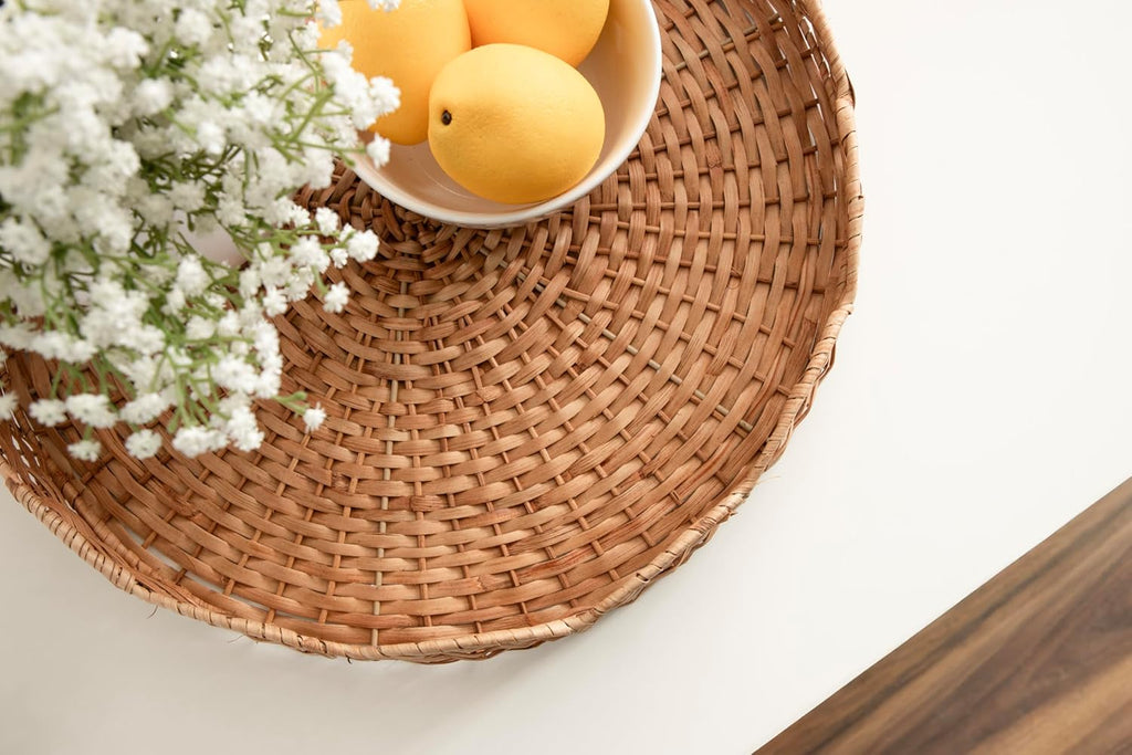 Wavley Modern round Scalloped Woven Rattan Tray, 18 Inch Diameter, Natural Rattan, Decorative Wavy Boho Tray for Use as Versatile Ottoman Tray or Serving Platter