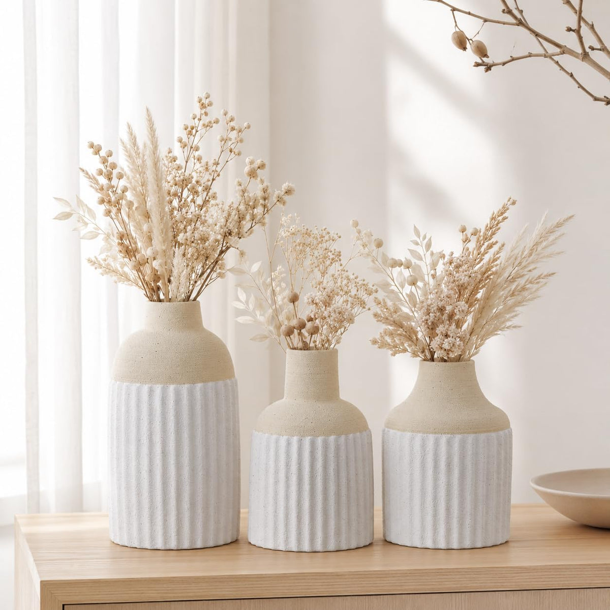 Beige Decorative Vase Set of 3 - Modern Boho Style Ribbed Ceramic Bud Vases for Flowers, Mini Small Vases for Shelf, Shelves, Bookshelf, Entryway Table & Home Decor Aesthetic (Beige White)