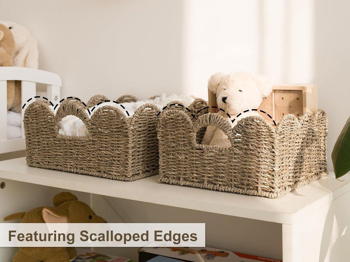 Scalloped Basket, Wicker Storage Basket with Lid for Room Décor, Scalloped Wicker Basket, Nursery Basket with Handles