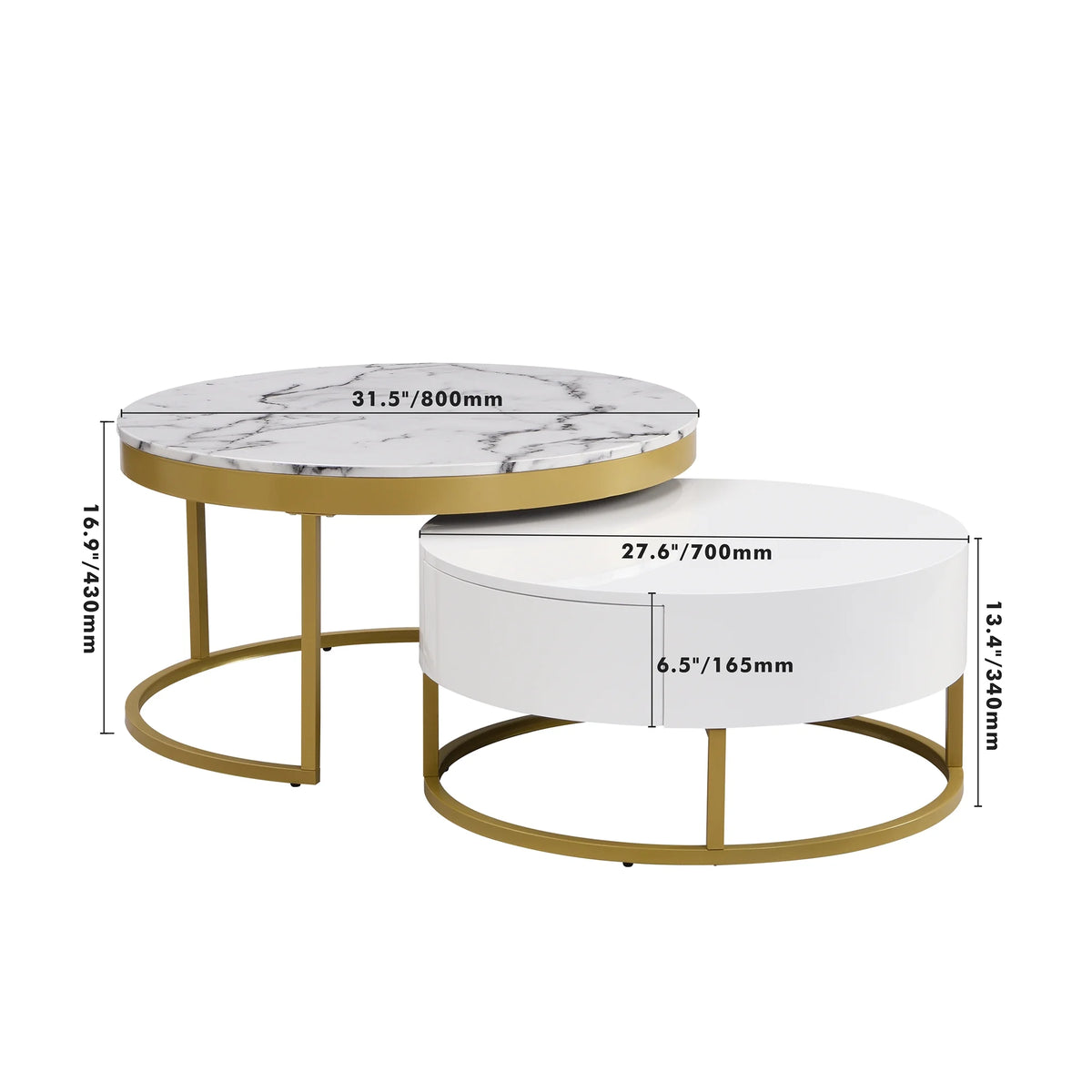 White & Gold Nesting Coffee Tables with Drawers, Set of 2