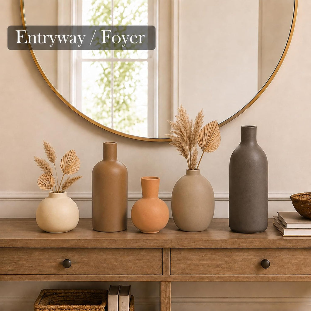 Neutral Ceramic Vase Set – 5 Matte Earth-Tone Vases for Japandi, Scandinavian, or Minimalist Home Decor, Table, Entryway, Shelf & Mantel Styling