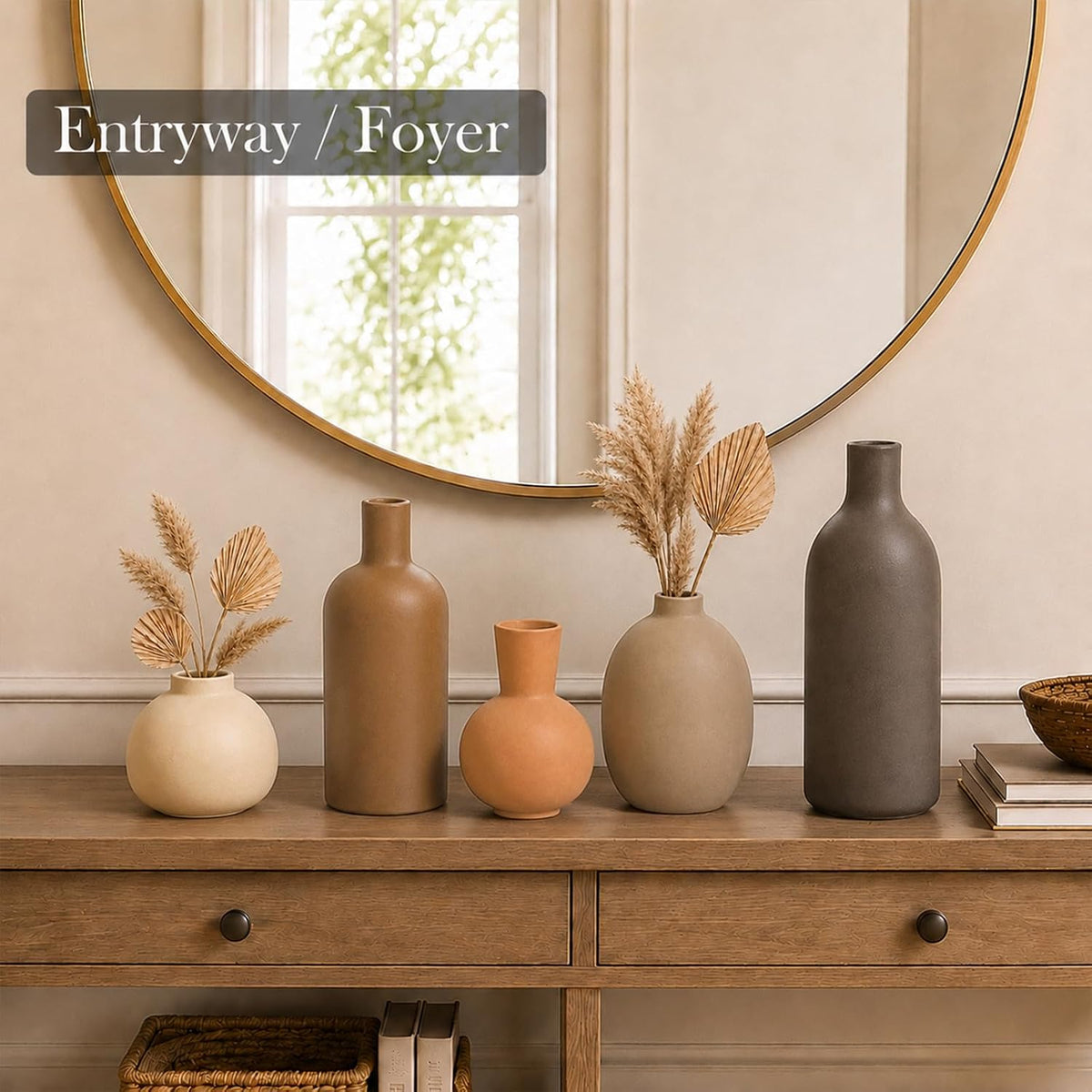 Neutral Ceramic Vase Set – 5 Matte Earth-Tone Vases for Japandi, Scandinavian, or Minimalist Home Decor, Table, Entryway, Shelf & Mantel Styling