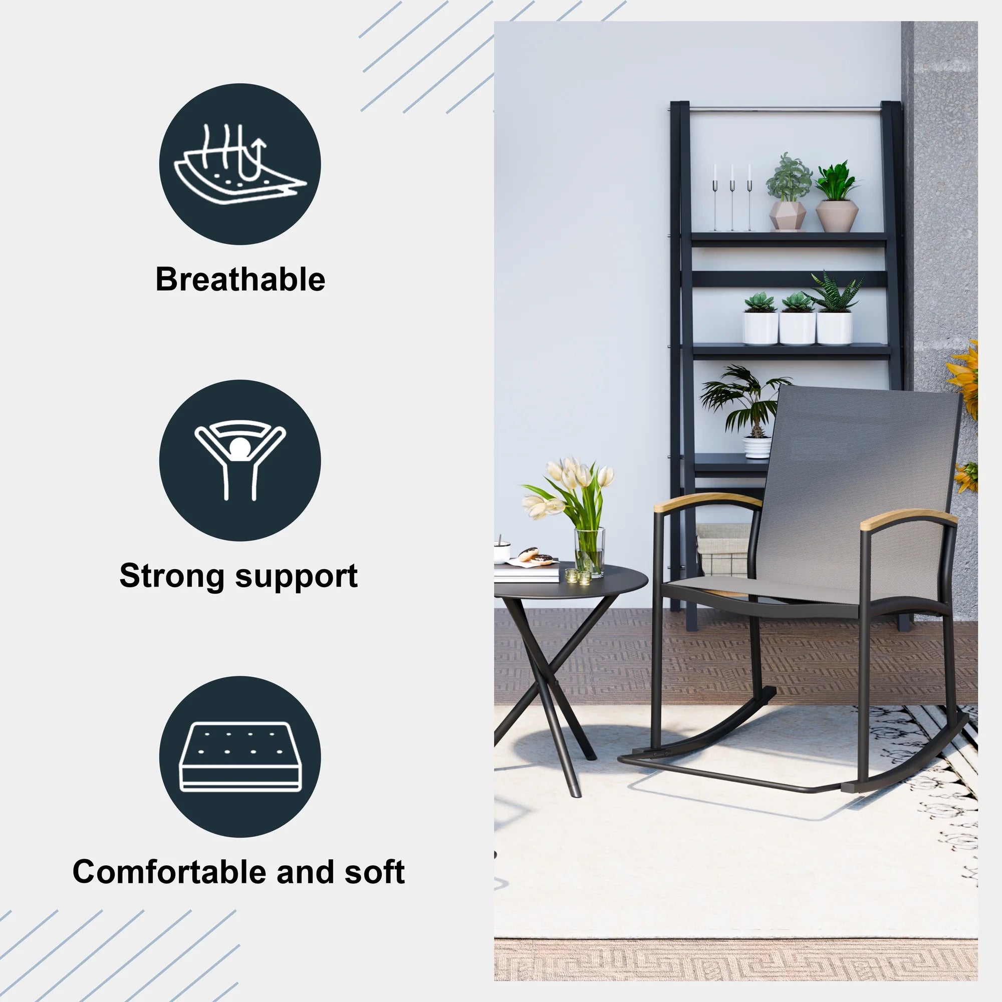 Outdoor Rocking Bistro Set 3 Piece Metal Patio Porch Furniture with 2 Patio Rocking Chairs 1 Patio Table,Light Gray
