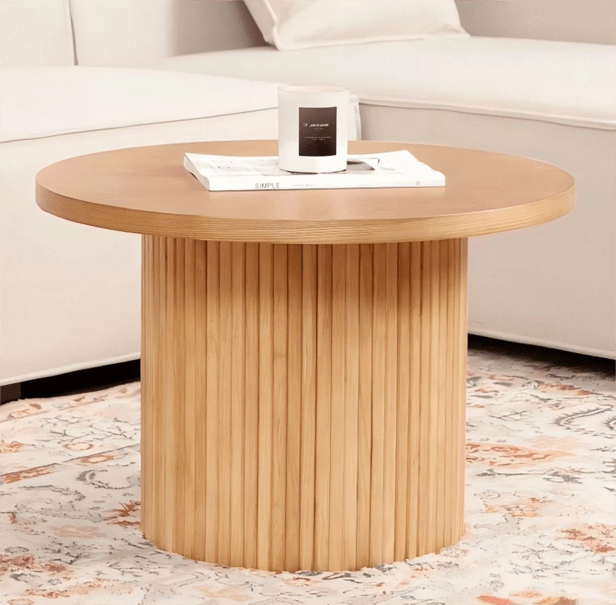 Natural Oak Fluted Pedestal Coffee Table, 23.6-Inch