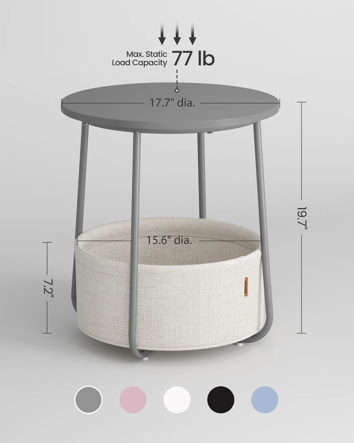 Round Storage Side Table with Fabric Basket, Gray & Cream
