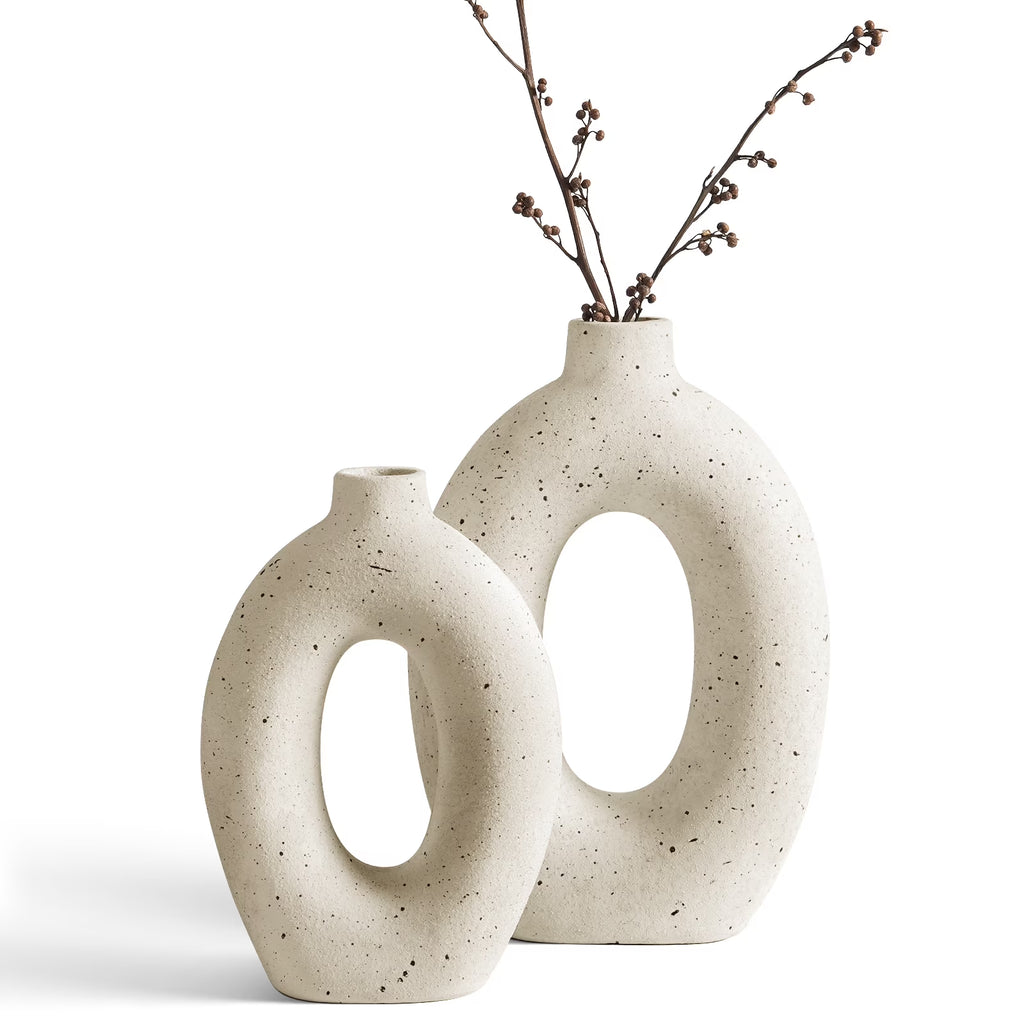 LE TAUCI 10.5" & 8.5" Ceramic Vases, Set of 2 White Ring Donut Vase, Modern Neutral Farmhouse Vase for Home Decor, Flower Vase for Table Centerpiece, Living Room, Shelf & Entryway