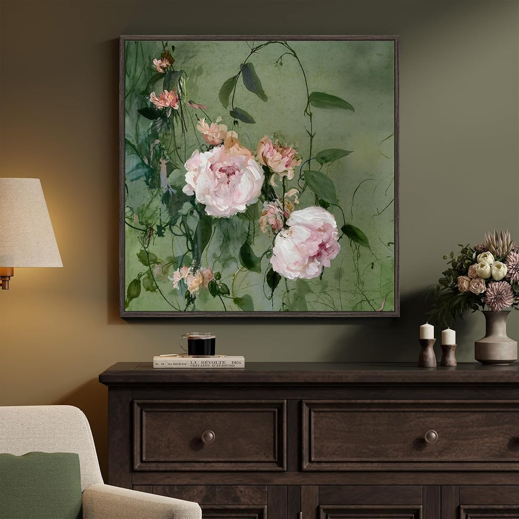 Framed Vintage Pink and Green Chinoiserie Peony Floral Wall Art, 24X24 In