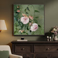 Framed Vintage Pink and Green Chinoiserie Peony Floral Wall Art, 24X24 In