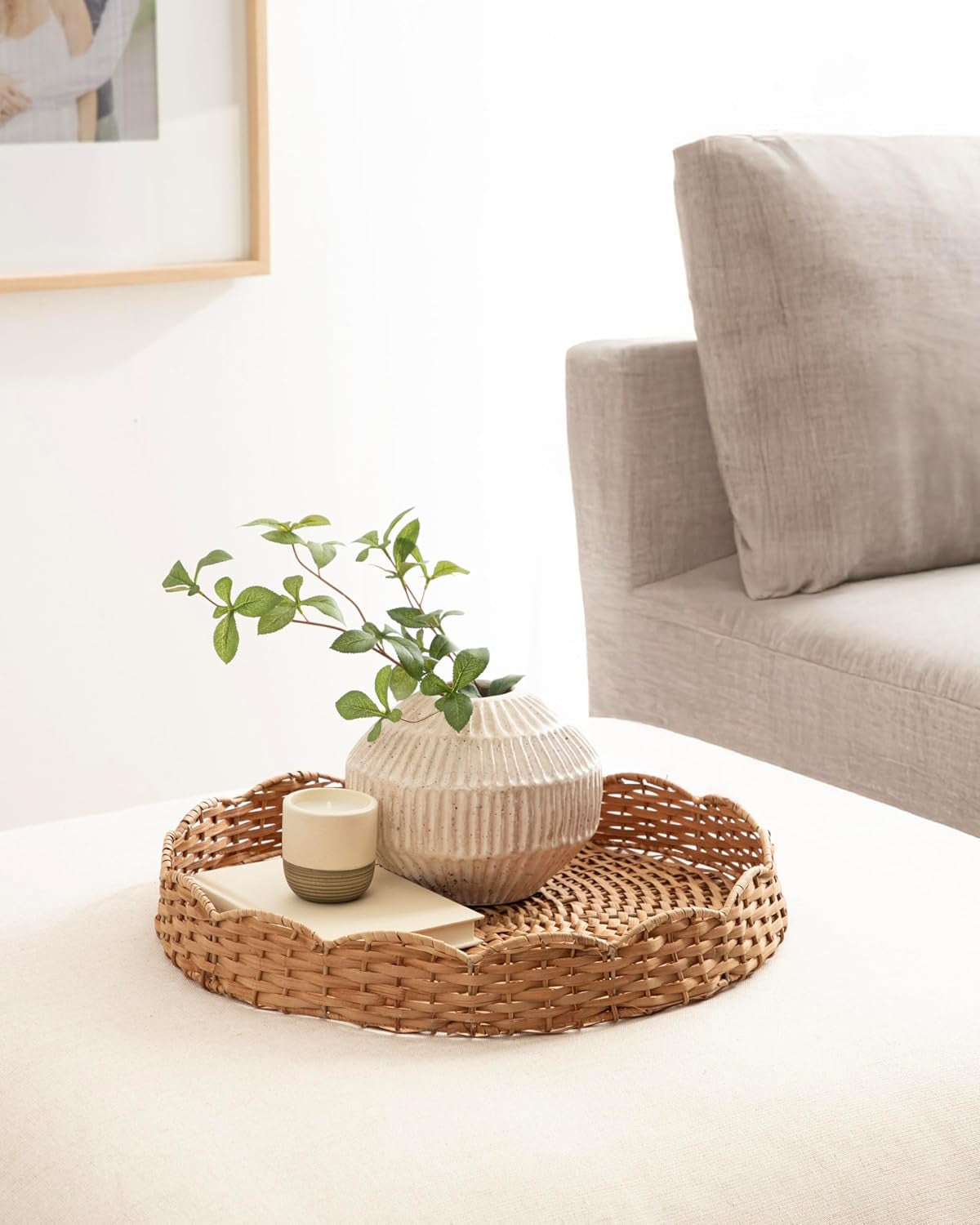Wavley Modern round Scalloped Woven Rattan Tray, 18 Inch Diameter, Natural Rattan, Decorative Wavy Boho Tray for Use as Versatile Ottoman Tray or Serving Platter