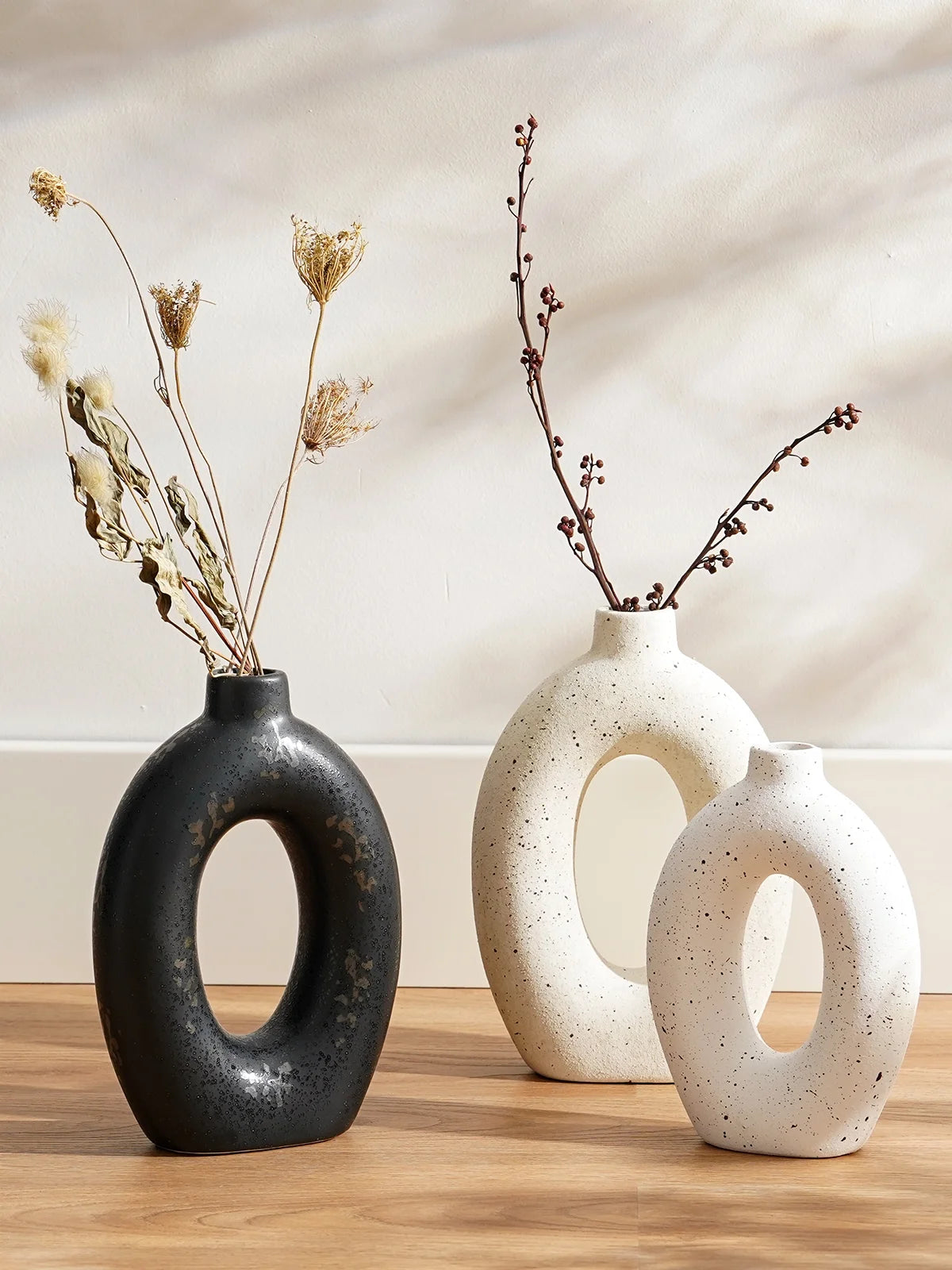 LE TAUCI 10.5" & 8.5" Ceramic Vases, Set of 2 White Ring Donut Vase, Modern Neutral Farmhouse Vase for Home Decor, Flower Vase for Table Centerpiece, Living Room, Shelf & Entryway