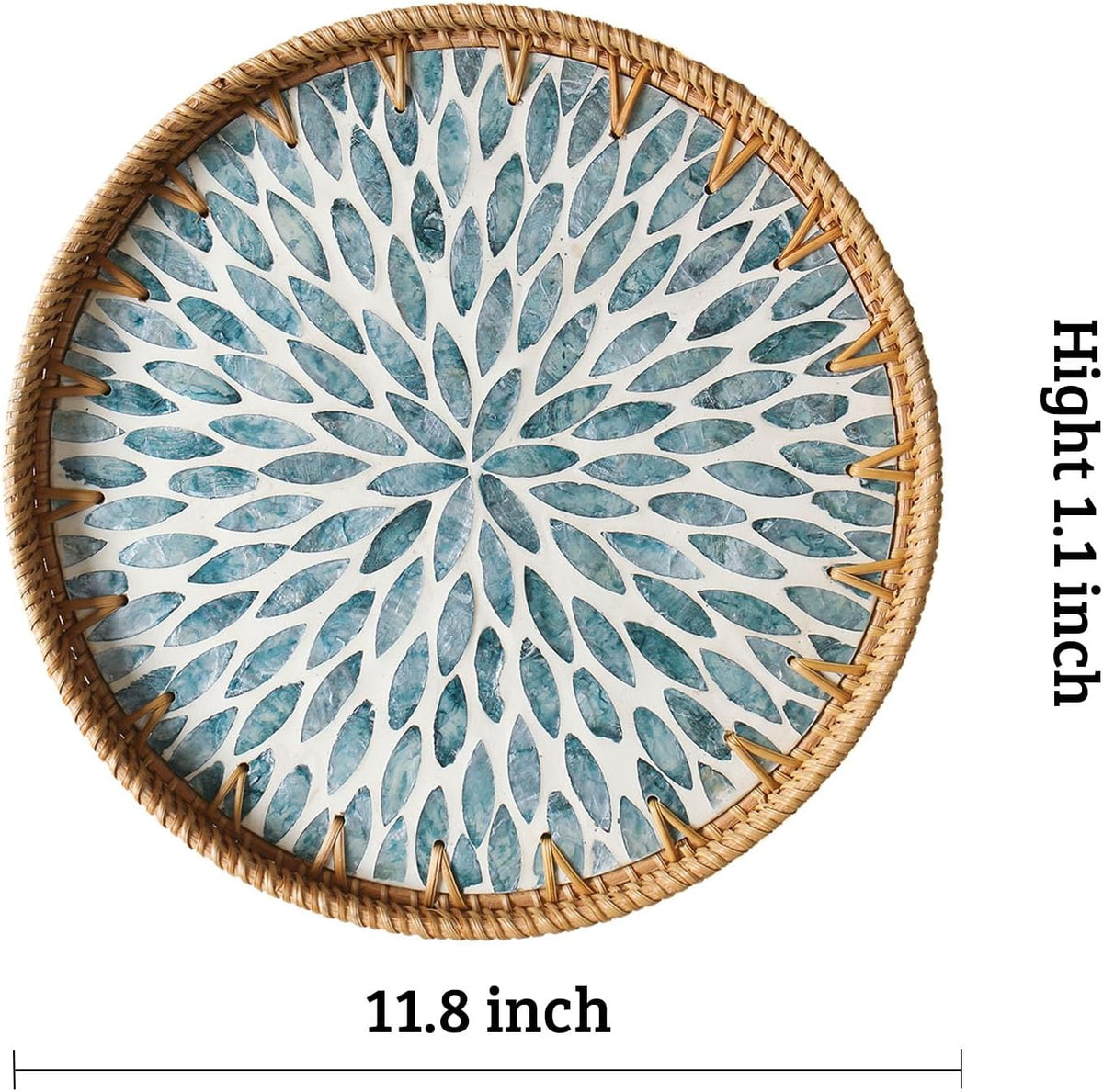 Round Rattan Tray with Mother of Pearl Inlay, Wooden Base