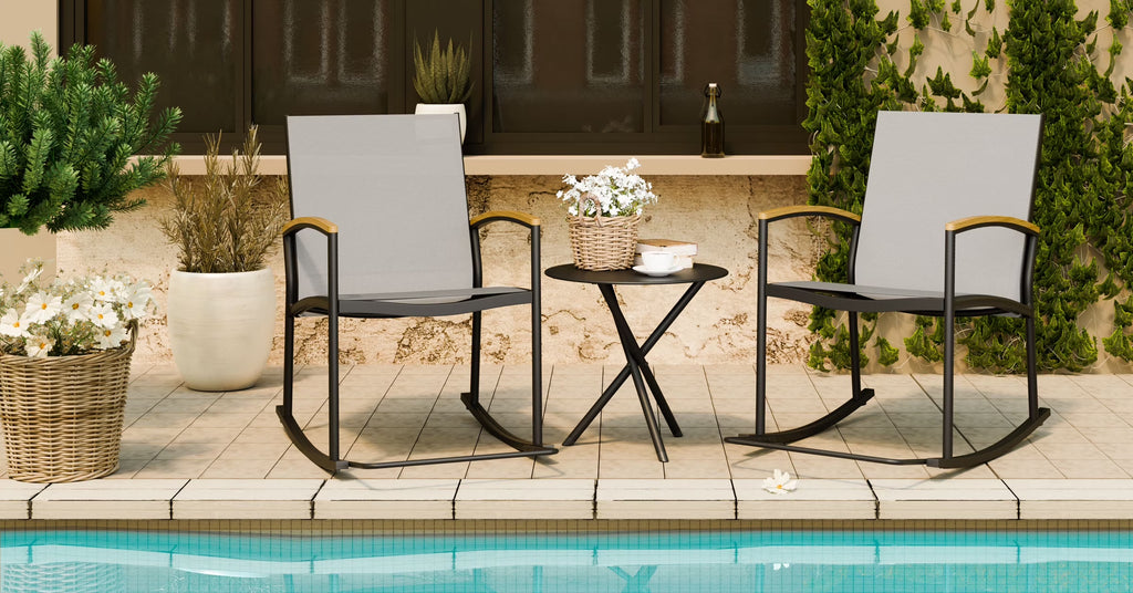 Outdoor Rocking Bistro Set 3 Piece Metal Patio Porch Furniture with 2 Patio Rocking Chairs 1 Patio Table,Light Gray