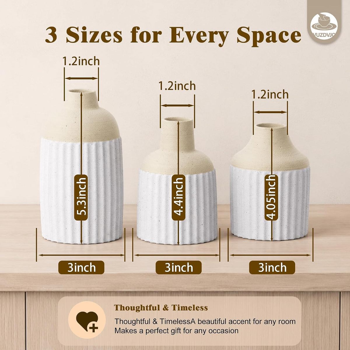Beige Decorative Vase Set of 3 - Modern Boho Style Ribbed Ceramic Bud Vases for Flowers, Mini Small Vases for Shelf, Shelves, Bookshelf, Entryway Table & Home Decor Aesthetic (Beige White)