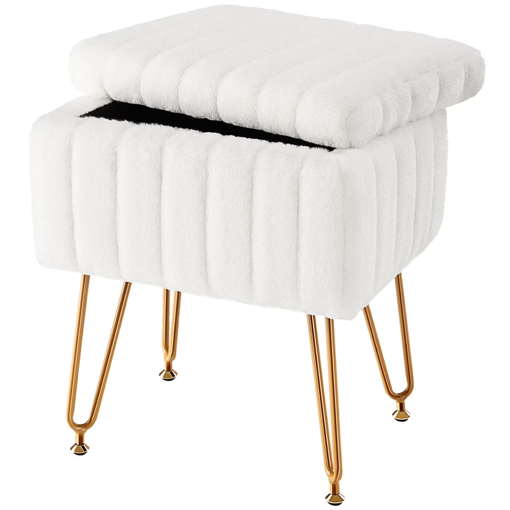Faux Fur Vanity Stool with Storage and Adjustable Feet