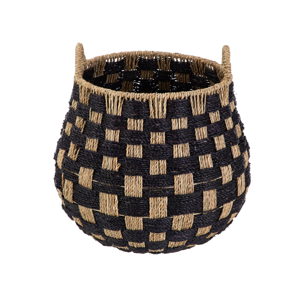 Large round Seagrass Storage Baskets with Handles, Checkered Black/Natural, 2 Pack